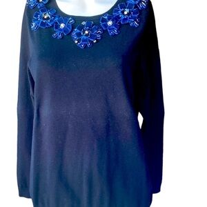 Charter Club Flower Embellished Trim Collar Blue Round Neck Sweater​​​